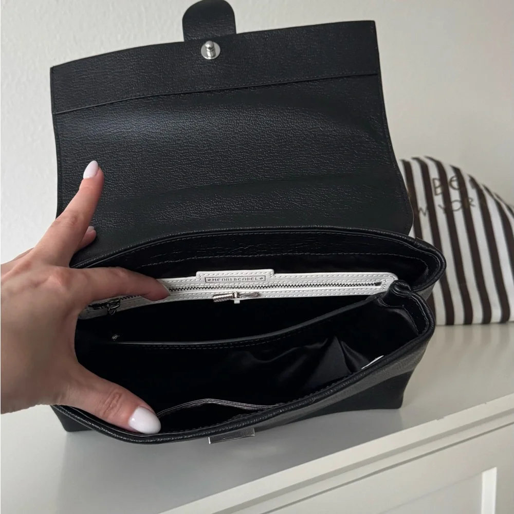 Henri Bendel Black Riverside Leather Handbag Satchel Silver Buckle - Picture 6 of 12